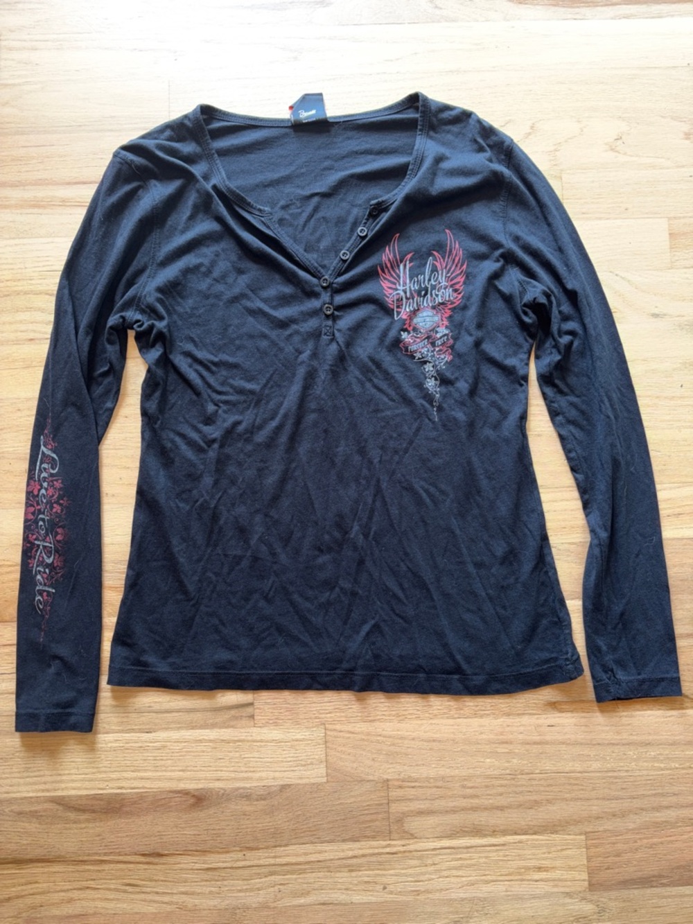 Harley-Davidson Black Long-Sleeve Henley with Red Wing Graphic